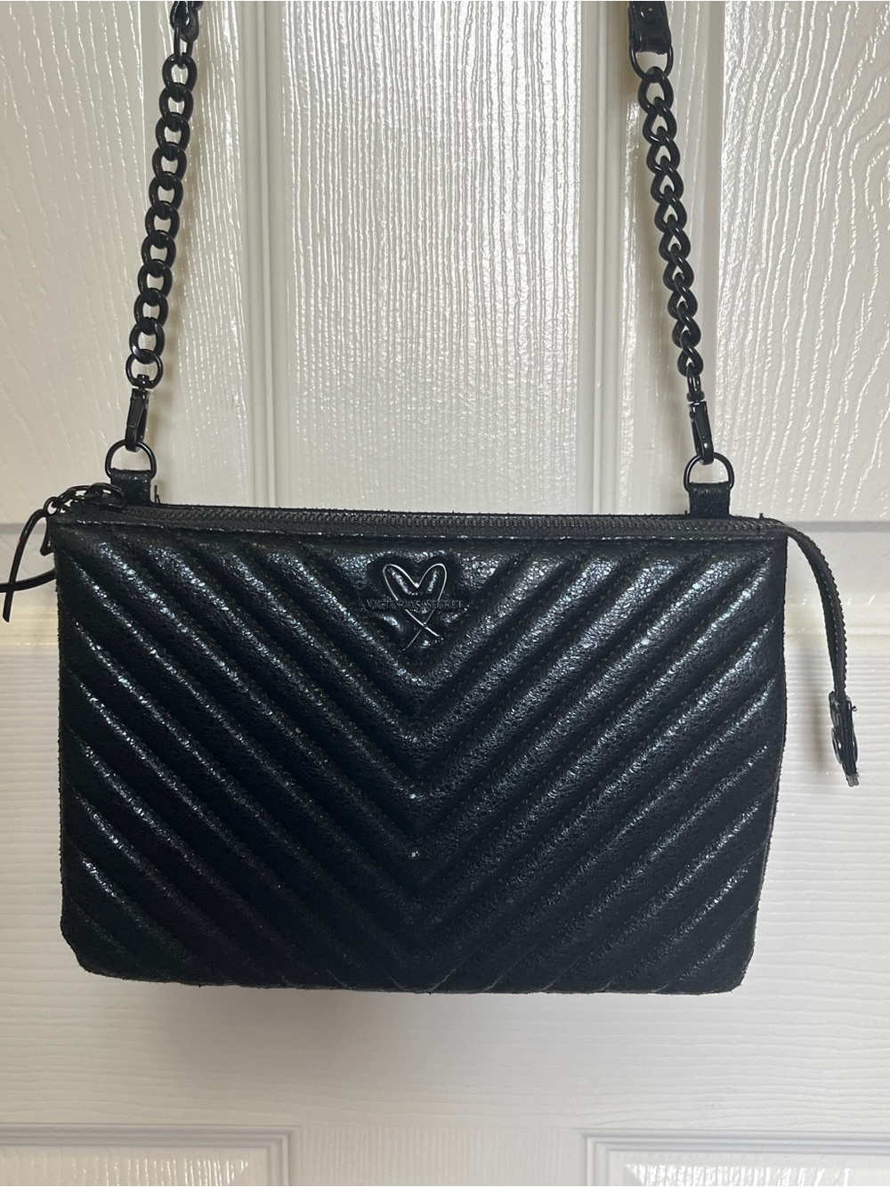 Victoria’s Secret Black Quilted Crossbody Bag with Chain Strap and Heart Charm